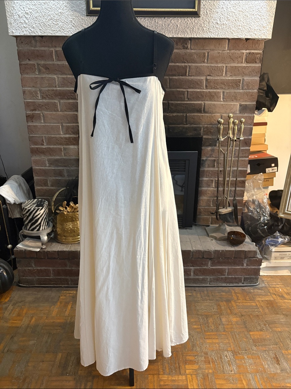 Cream Maxi Dress with Black Tie